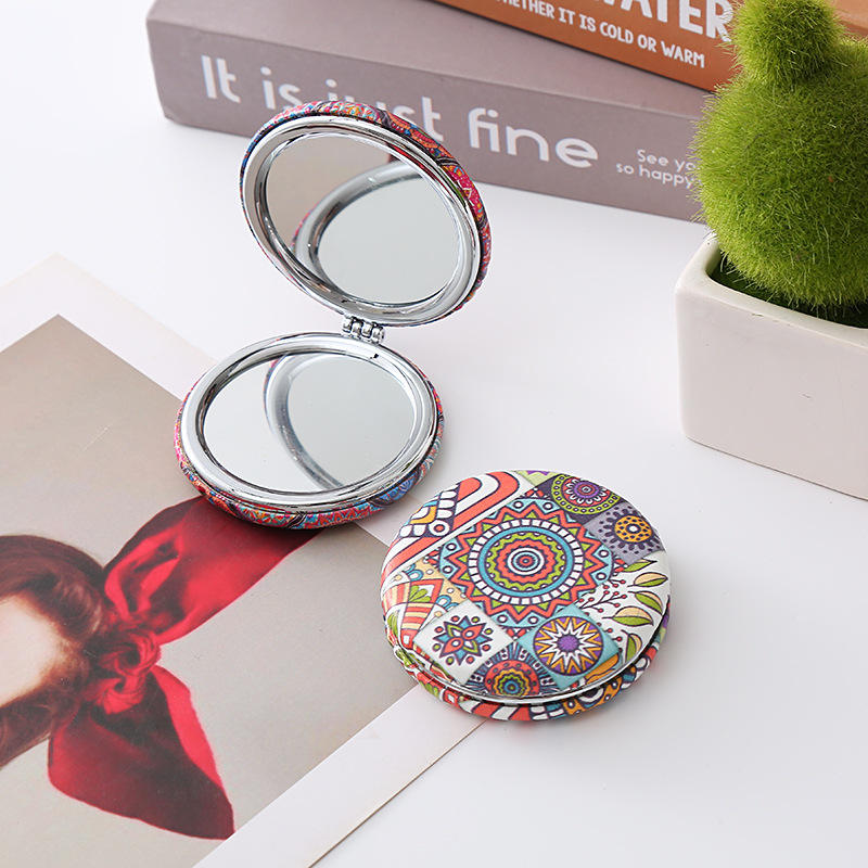 High Quality Double Sided Folding Round Pocket Mirror Colorful Art Deco Style Glass Metal Frame Customizable Logo