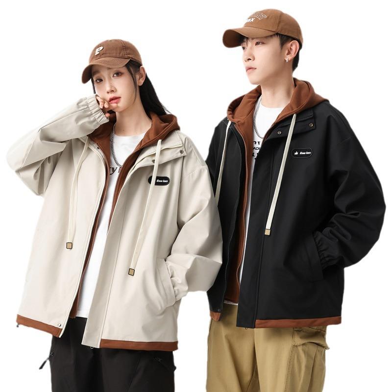 Men's Spring and Autumn Casual Jacket Men's Jacket Spring Men's Versatile Fake Two Contrasting Hooded Loose Jacket Top