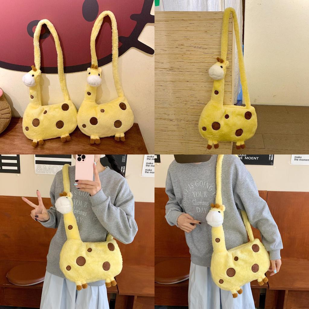 Giraffe Plush Bag For Girls Soft Fur Shoulder Purse With Zipper Closure For Daily Use