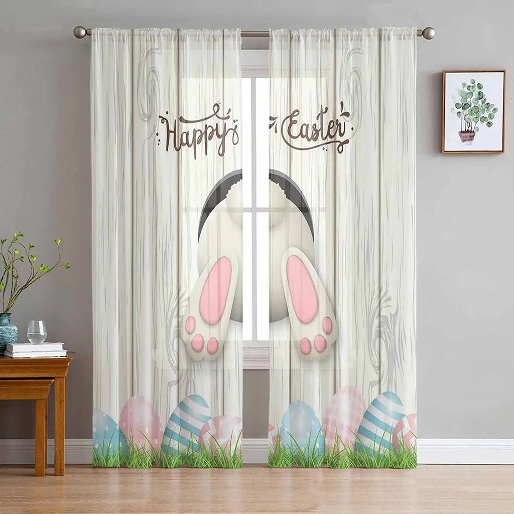 Easter Bunny Tail Wood Curtain Colorful Eggs Happy Transparent Voile Curtains Living Dining Room Bedroom Drapes Light Filtering For Sleeping Area