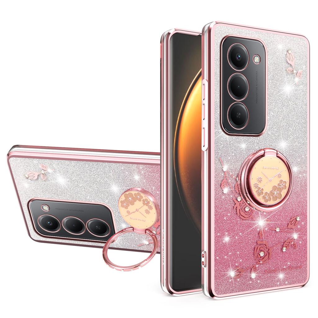 For Xiaomi Redmi 15 4G (EU) (171mm) Case Ring Kickstand TPU Flowers Phone Cover Gradient Glitter