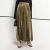Women Maxi Skirt Golden Long Skirt Elastic High Waist Pleated Slimming Design Spring Summer