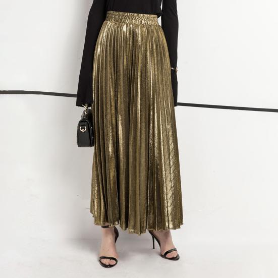 Women Maxi Skirt Golden Long Skirt Elastic High Waist Pleated Slimming Design Spring Summer