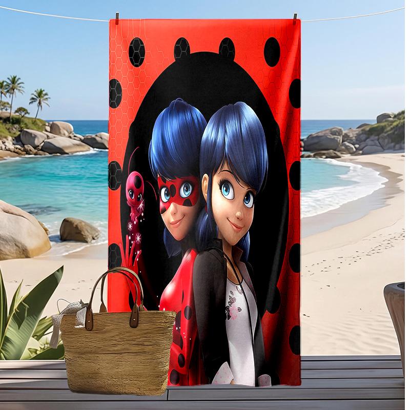Miraculous Ladybug Zeichentrickfilm Aufgedruckt Schnelltrocknendes Strandtuch Super Saugfähig Weiches Leichtes Badetuch für Pool Sommerreisen
