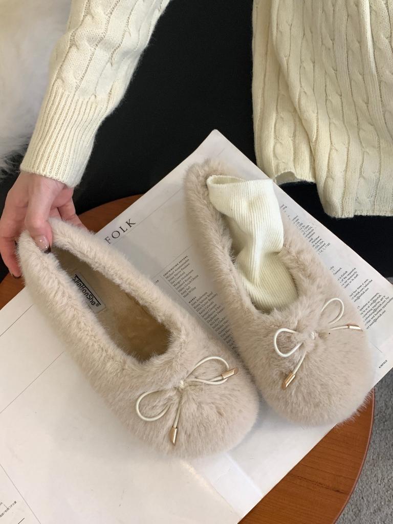 Gentle Fairy Wind Fluffy Shoes Female Outer Wear 2025 Autumn and Winter New Korean Version Soft-soled Flat-soled Velvet Doudou Shoes