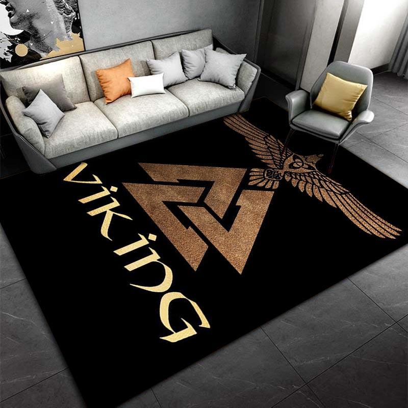 Black Viking Carpet with Nordic Rune Symbols and Eagle Design Suitable for use as an anti-slip for living room bedroom sofas