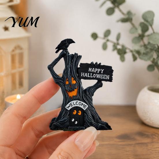 Small Autumn Pumpkin Crafts Spooky Halloween Figurine, Resin Scary Ghost Tabletop Decoration Table Centerpieces for Tiered Tray, Shelf, Mantel,