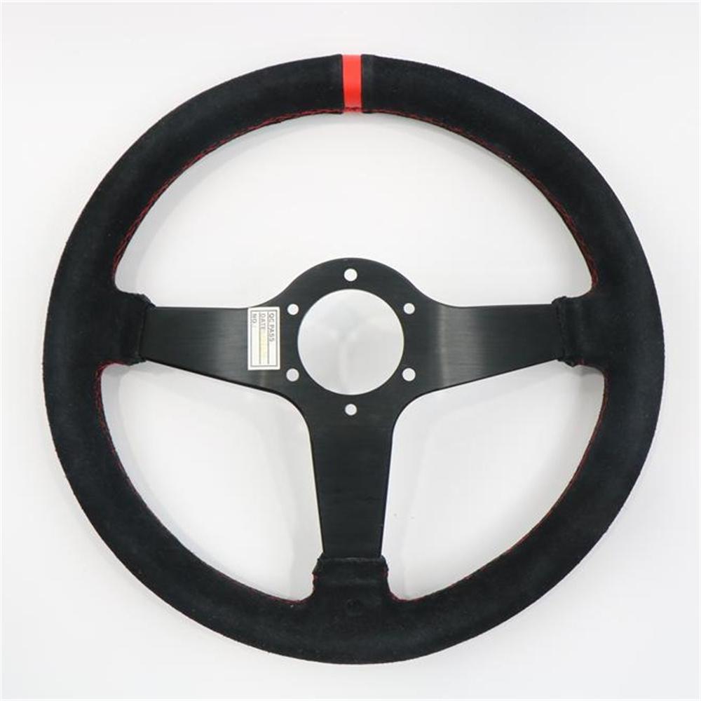 14 inch 350MM Suede Shallow Concave Steering Wheel with Red Stitching,Universal Racing Sports Steering Wheel