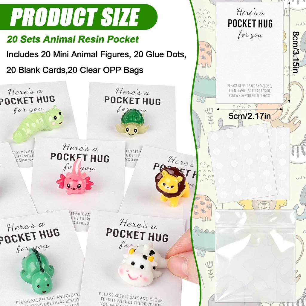 20 Sets Pocket Hug Gift Bulk Tokens Small Thank You Gifts For Colleagues With Mini Resin Animals Inspirational Pocket Hug Cards