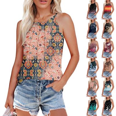 Womens Summer Tank Tops Pleated O Neck Printing Casual Top Tank Tops For Women Loose Fit Sleeveless Shirts
