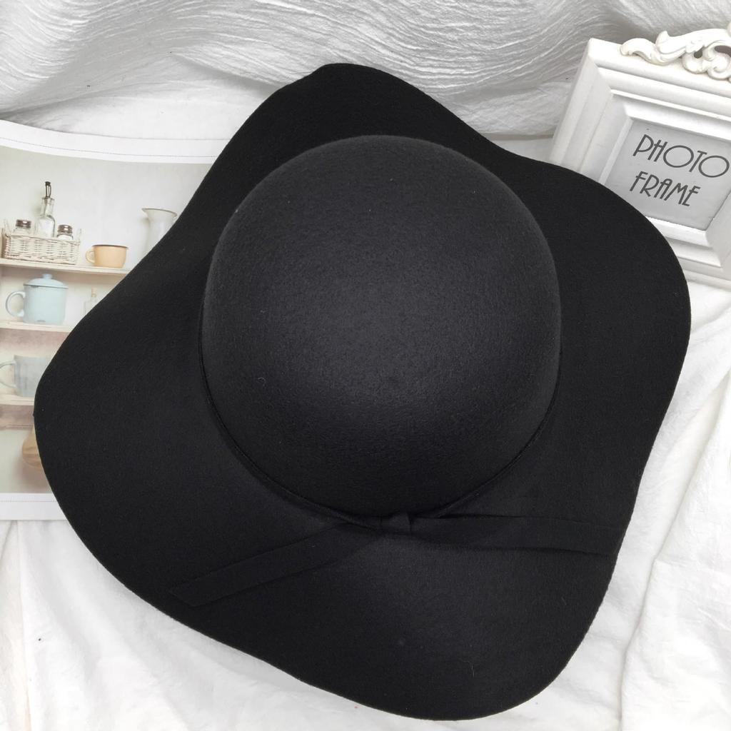 Women's Retro Korean Black Woolen Fisherman Hat with Bow and Large Brim – Perfect for Autumn and Winter.