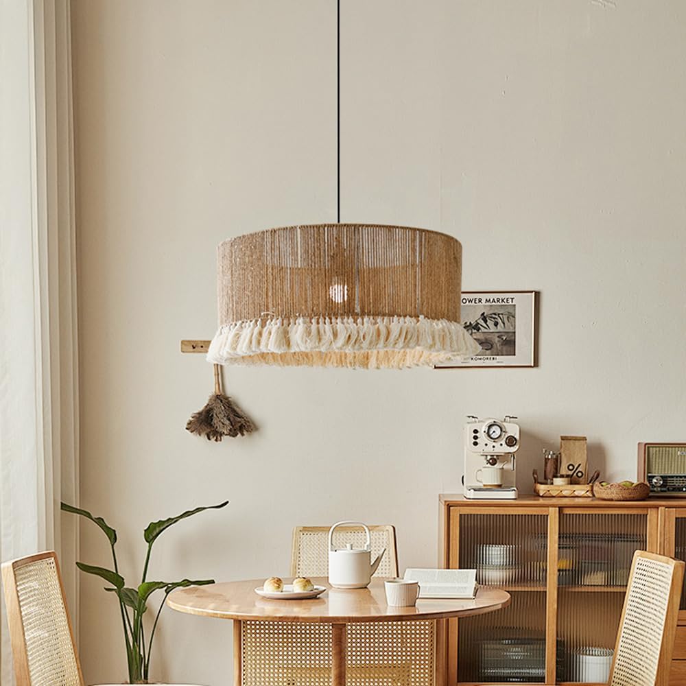 JOYINLED Hand Woven Hemp Rope Chandelier 30/40/50/60cm Large Drum Pendant Light with Tassel Boho Farmhouse Lighting E27 Lamp