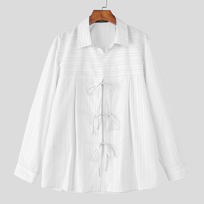 INCERUN Men Lapel Neck Long Sleeve Striped Print Bow Knot Casual Oversized Shirts