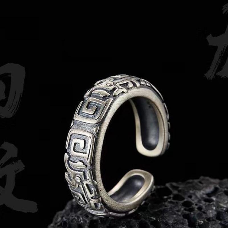 Retro Hui Palindrome Pattern Ring For Men Zinc Alloy Color Punk Gothic Open Ring Handmade Unisex Designer Zircon Accessories Gift