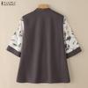 ZANZEA Women Casual V-Neck Loose Print Splice 3/4 Sleeve Blouse