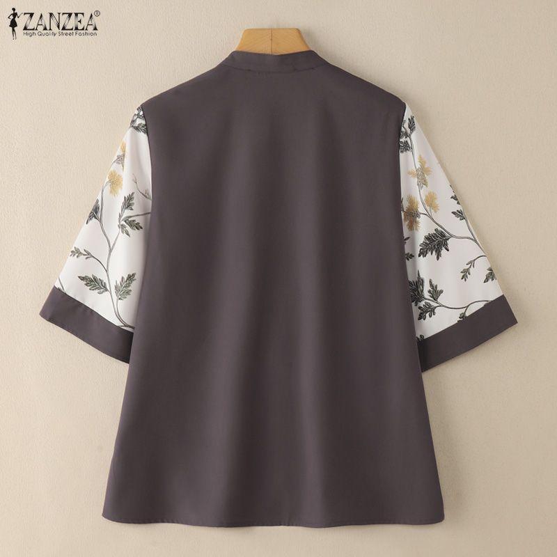 ZANZEA Women Casual V-Neck Loose Print Splice 3/4 Sleeve Blouse