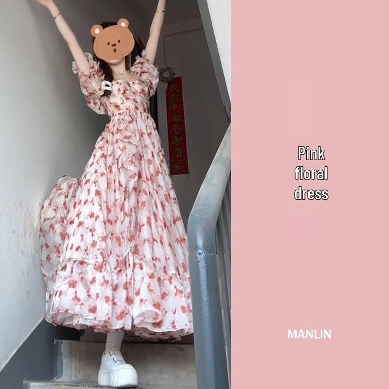 Atemberaubendes französisches Campanula Rosa Blumen Chiffon Sommerkleid - Super Feenhaft Langer Stil