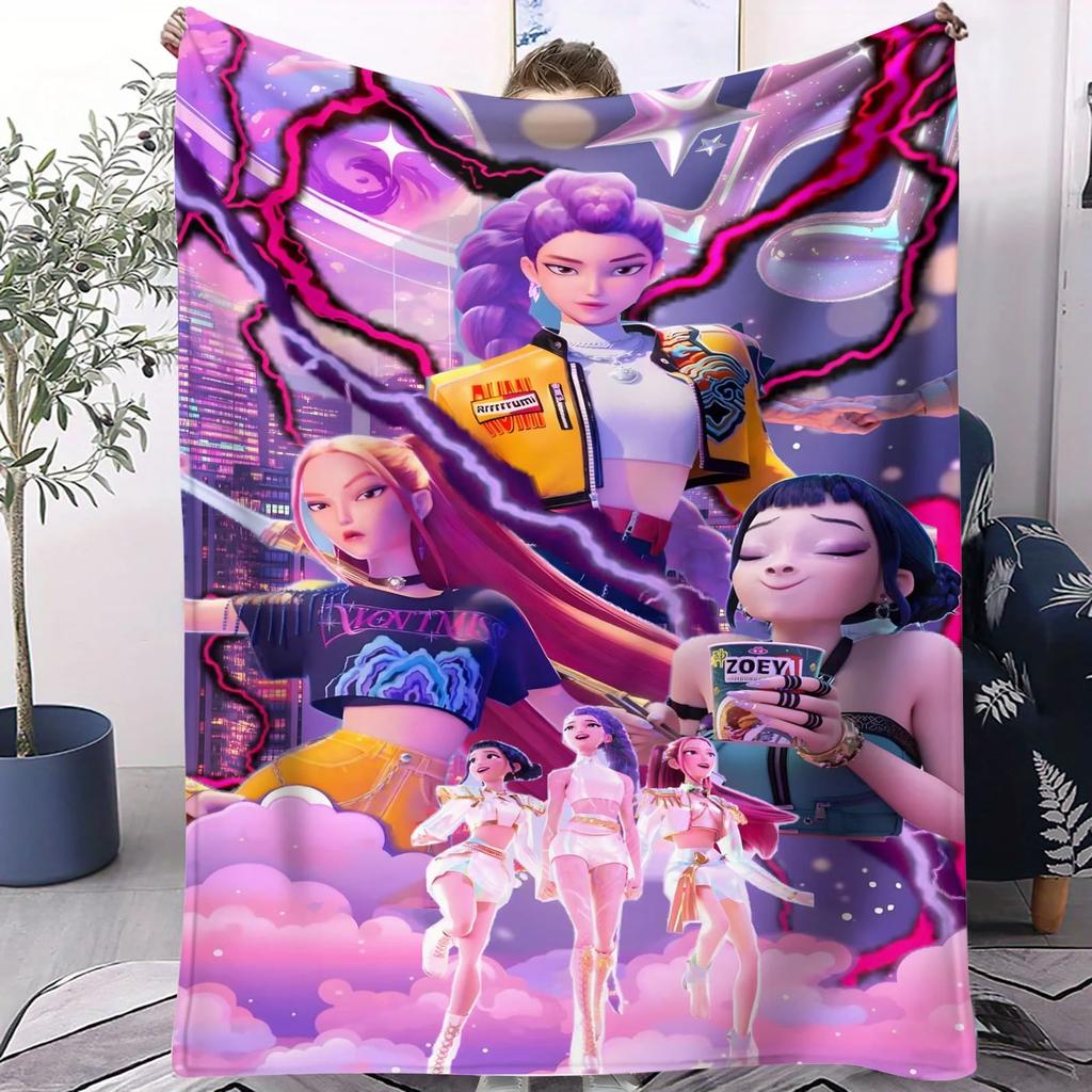 K-Pop Demon Hunters Huntrix Flannel Blanket Neon Warrior Girl Group Design Soft Throw for Bedroom Sofa Concert Fans Gift Teens