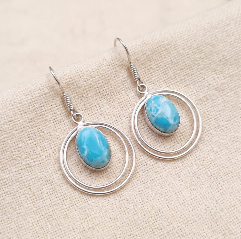 Solid 925 Sterling Silver Natural Larimar Gemstone Handmade Designer Earrings Women Earrings