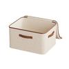 Foldable Linen Storage Box Double Zippers Faux Leather Handles Lid Beige Woven For Under Bed Clothes Laundry Moving Space Saving