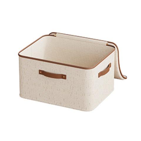 Foldable Linen Storage Box Double Zippers Faux Leather Handles Lid Beige Woven For Under Bed Clothes Laundry Moving Space Saving
