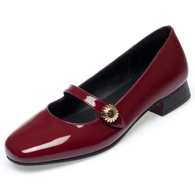

British Style Shallow Mouth Heeled Shoes Woman Mary Janes 2025 Spring Flat Square Heels Shoes Bright Leather for Office Mom 35