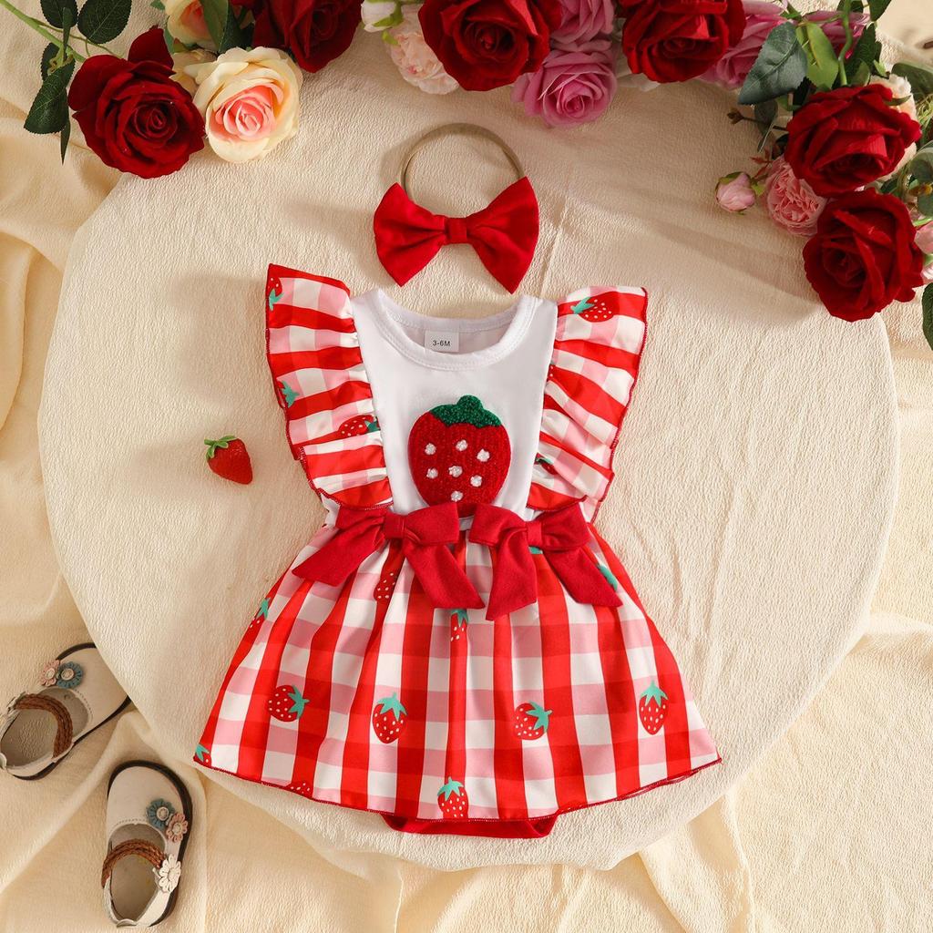 Sweet Baby Girl Fruit Flower Mesh Patchwork Dress with Lace Trim, Bowknot, Harem Skirt, and Hair Tie.