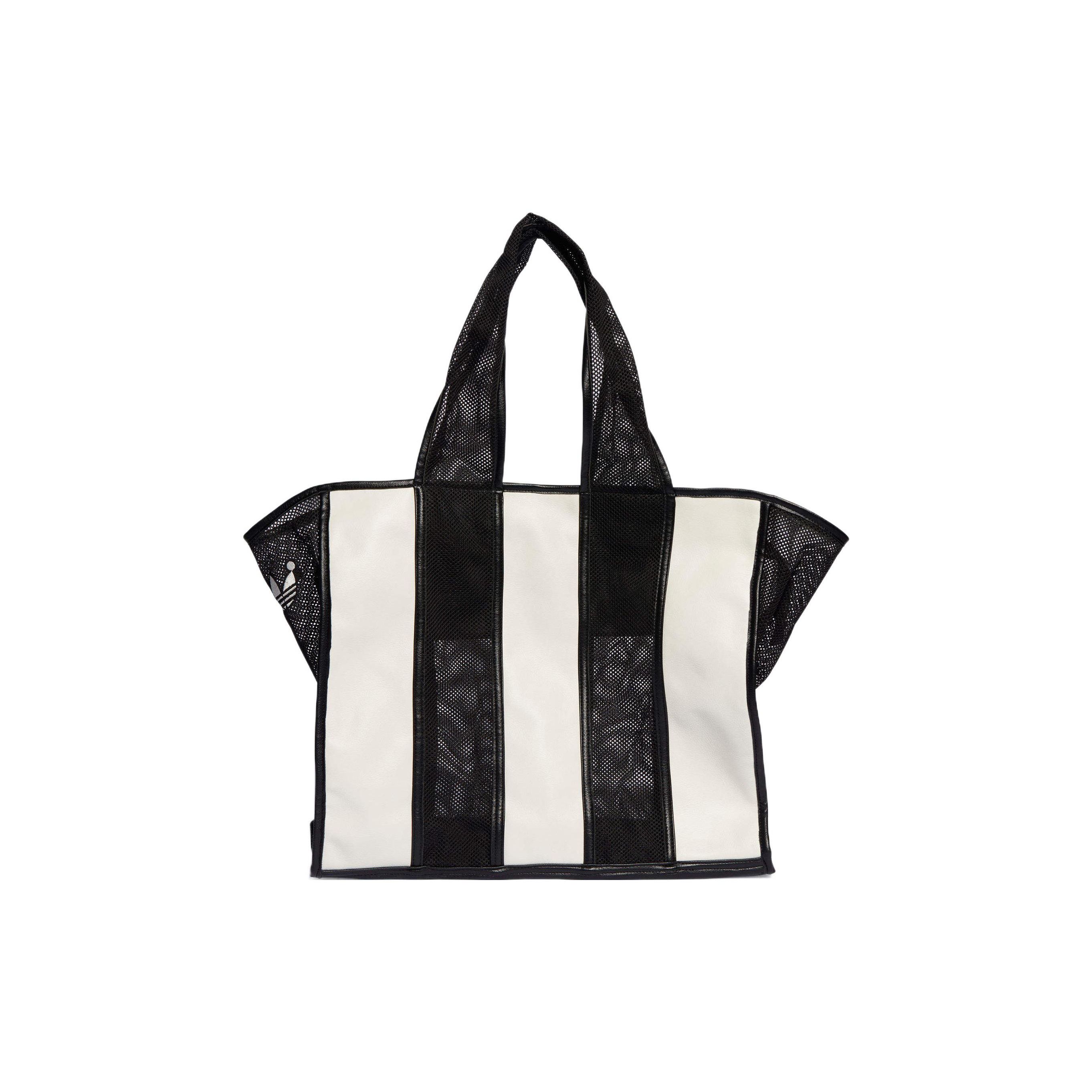 Adidas Originals Striped Zipper Closure Polyurethane Tote Bag Unisex Bags Black White IJ5992 Black White