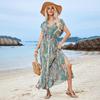 Floral Print V-neck Ruffled Short Sleeve Dress Women Casual A-Line High Waist Backless Slit Ankle-Length Spring Dress