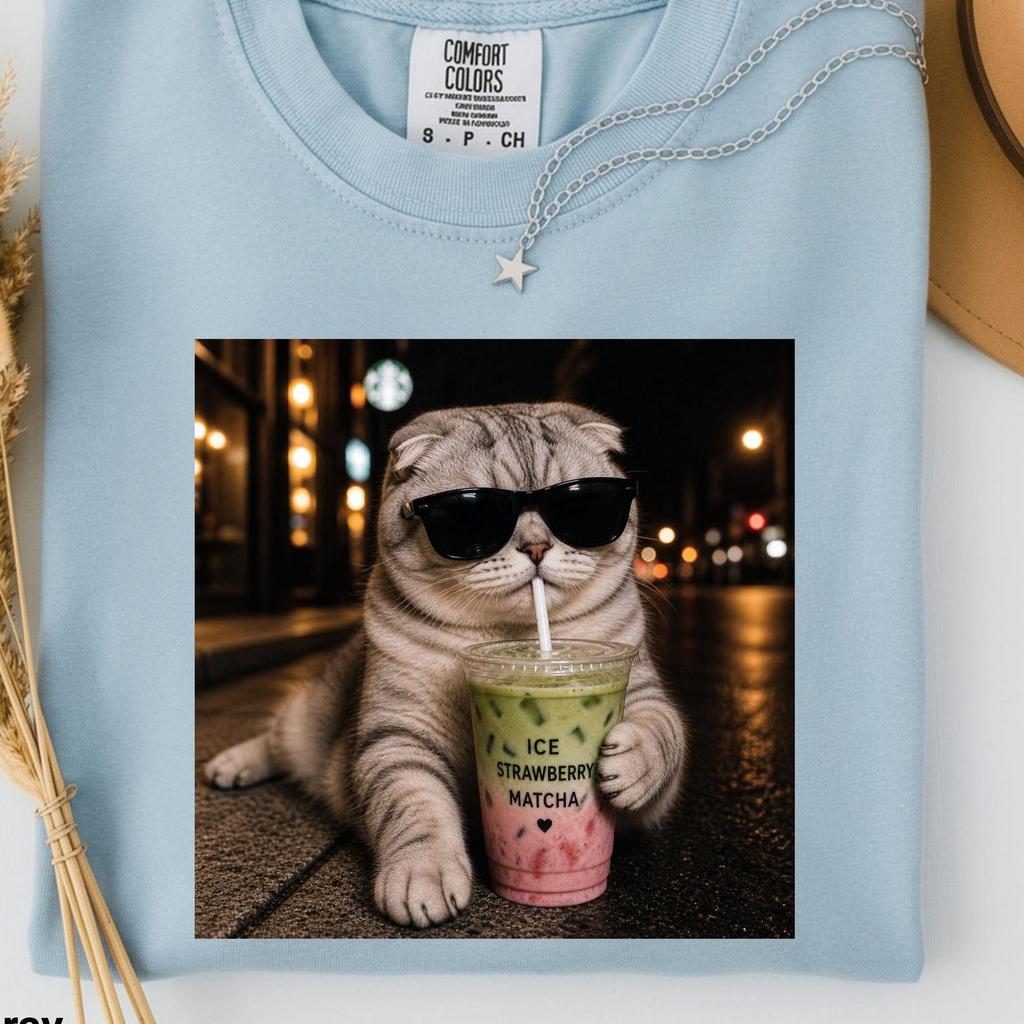 Comfort Colors Cat Drinking Iced Matcha Latte T-shirt, Funny Animal Meme Tee