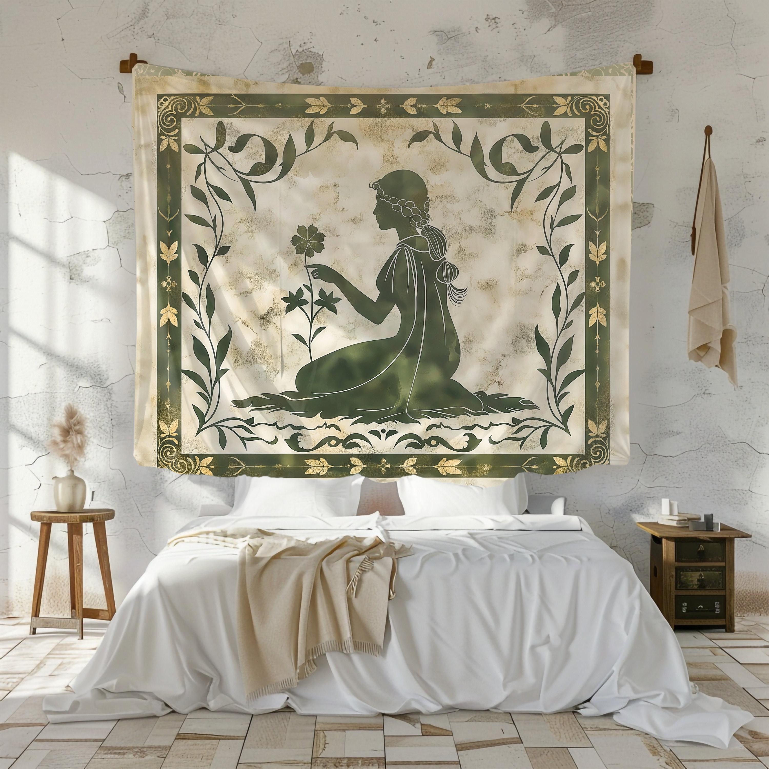 Retro Olive Green Greek Goddess Tapestry Pattern Flower Background Cloth Meditation Room Forest Room Decoration 100X70CM