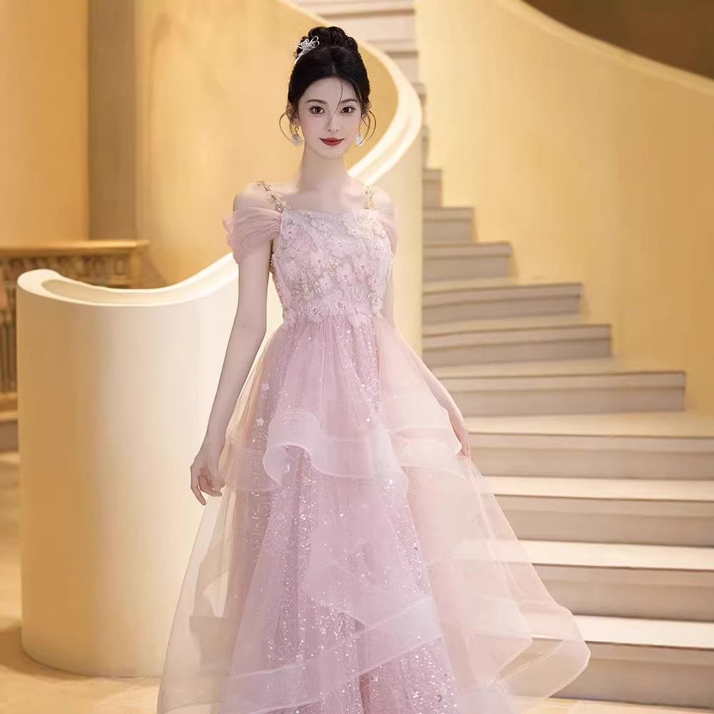 Pink Suspender French Evening Dress 1011 New Light Luxury Niche Banquet Engagement Dress Host Adult Dress