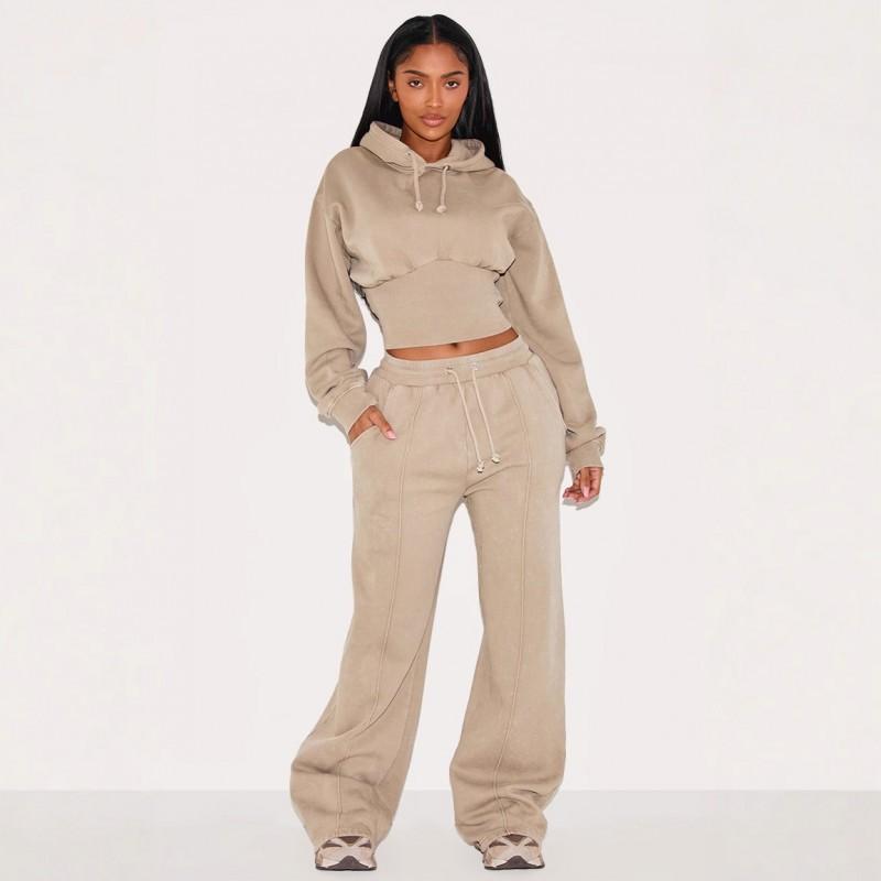 Waist Sexy Fashionable Hooded Drawstring Sweater Lace Trousers Two-piece Set