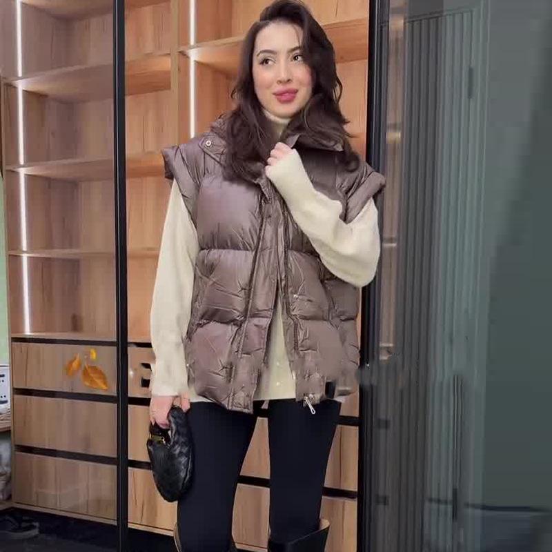 

2024 Autumn/Winter Women s Solid Color Lapel Zipper Versatile Cotton Vest L хаки