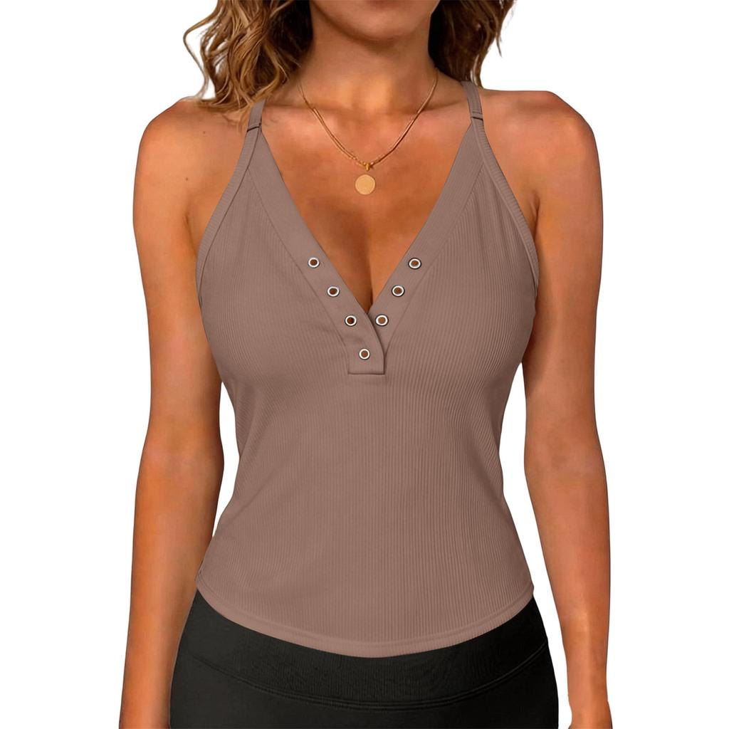 Damskie topy wiosenne Koszule letnie dla kobiet Codzienne z dekoltem V Bez rękawów Rozpinany top na ramiączkach Eleganckie topy dla kobiet