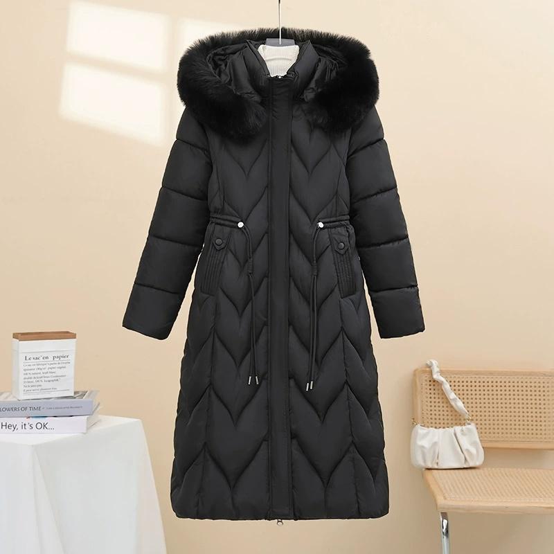 

Шапка Съемная Куртка Женская Зимняя Длинная Теплая Куртка с хлопковой подкладкой Корейская Приталенная Толстая Куртка с хлопковой подкладкой с большим меховым воротником M чёрный