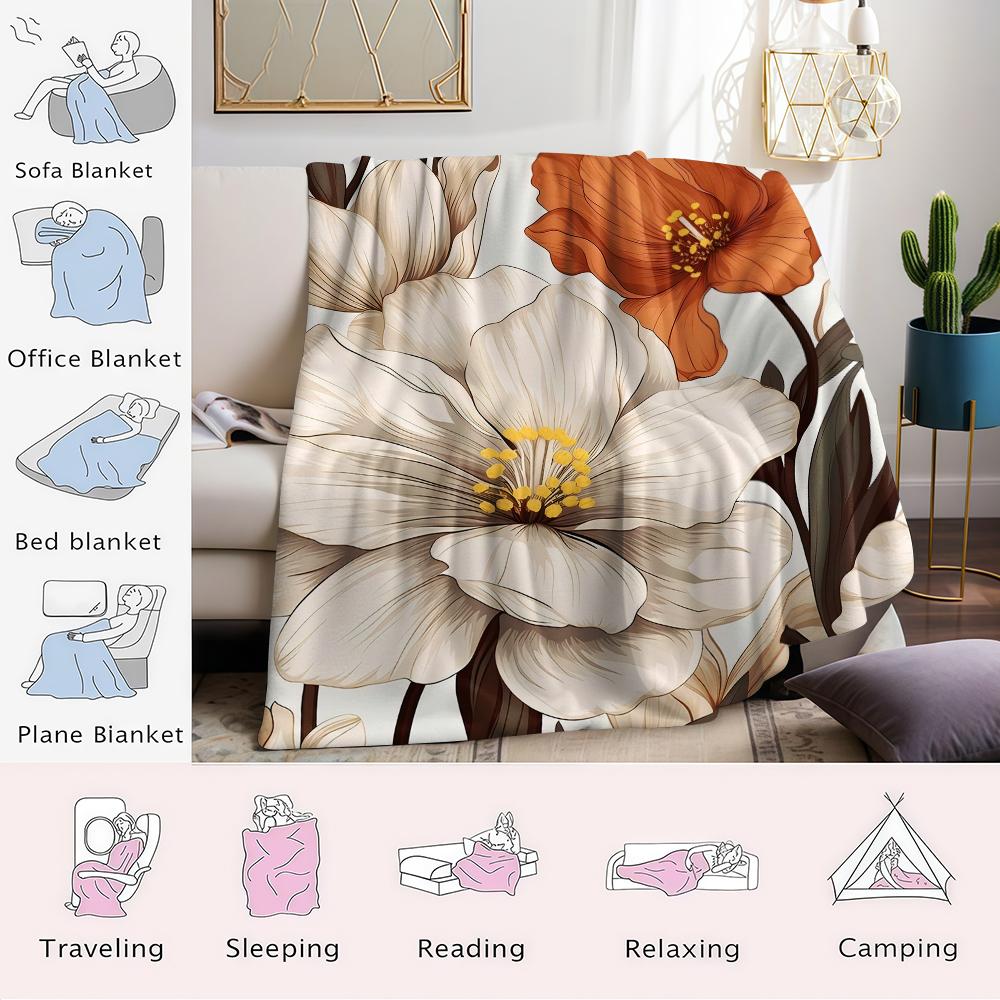 Cream & Rust Bloom Flannel Blanket Warm Soft Halloween Christmas Couch Warm Cozy Decorative Decor Gift for All Season