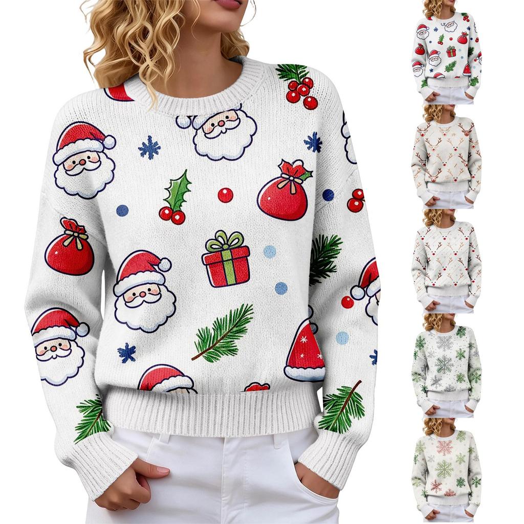 Women's Soft Christmas Print Crewneck Long Sleeve Sweater for Fall Winter