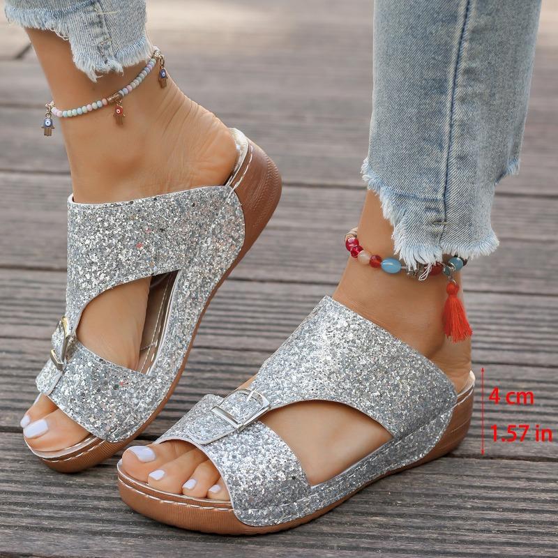Summer New Wedge Heel Belt Buckle Solid Color Round Head One-word Women's Large Size Cool Slippers