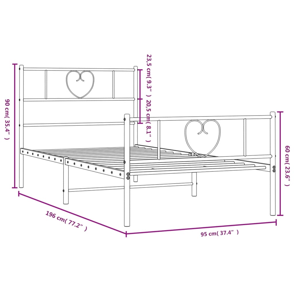 Metal Bed Frame with Headboard and Footboard White 90x190 Cm