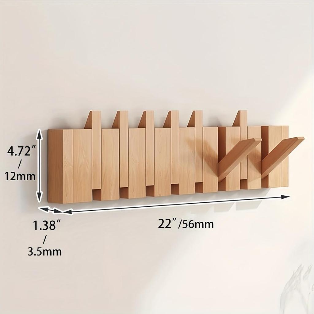 [Wall-Mounted Coat Rack] 1pc Natural Wood Wall-Mounted Coat Rack with Hooks -Piano-Shaped Accordion Design,Walnut Finish,Space-Saving Vertical Storage