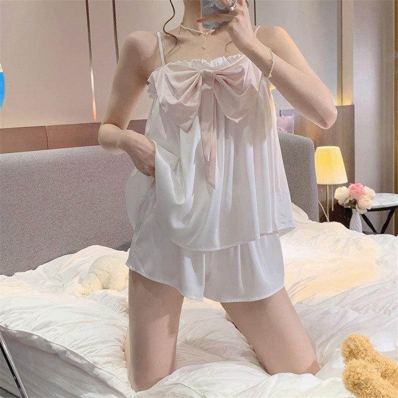 Summer Loungewear Pajamas Women'S Simple Big Bow Cool Ice Silk Suspender Shorts Set