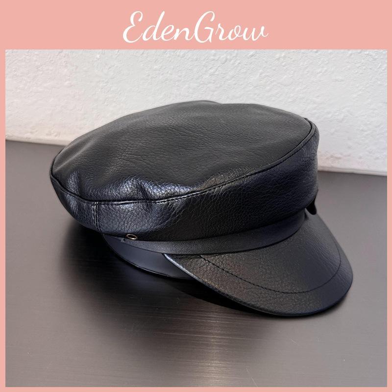 Face Solid Color Slimming  Navy Cap Short Visor Leather Material Supplies Women