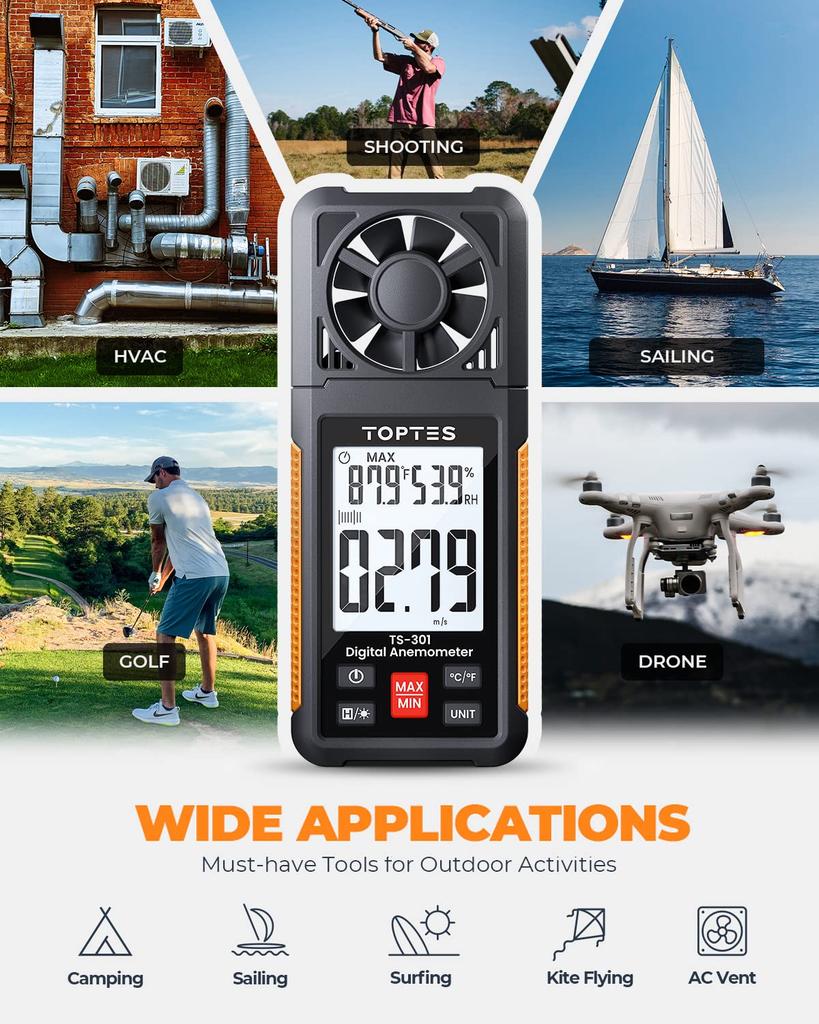 TopTes TS-301 Anemometer: Handy Anemometer with Large LCD Screen, High Precision, Easy Operation, 6 Measurement Units, Suitable for Drone Flights, Out
