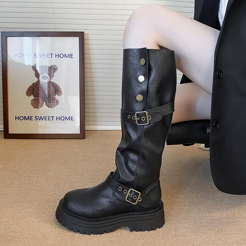 Retro Style Two Wear Folded Thick-soled Boots Women's 2025 New Autumn Fashion Thick Heel Thin Knee Buttons