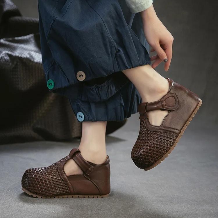 Johnature Genuine Leather Retro Woven Hollowed Out Height Increasing Sandals Comfortable Women's Shoes