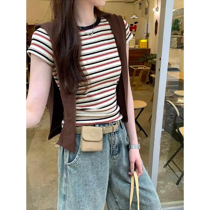 Contrast Striped Right Shoulder Short-sleeved T-shirt for Women Summer New Slim Fit Round Neck Short Top for Small People