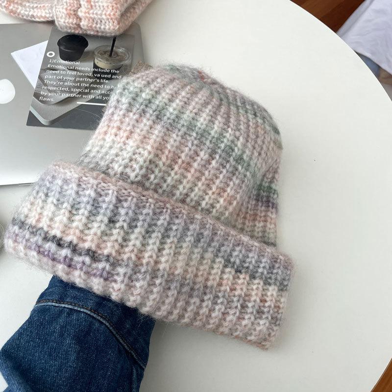 Minority Gradient Knitted Hat Mixed Thread Winter Warm Knitted Yarn Hat Cold Hat for Women