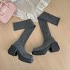 Módní Velikost 35-40 Zimní Dámské Kozačky Nad Koleno Strečové Pletené Silné Podpatky Dlouhé Kozačky Dámské Nazouvací Platformové Boty
