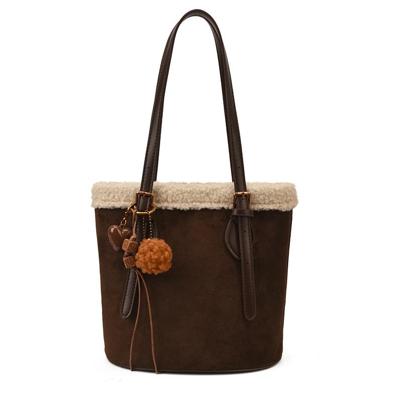 Winter Faux Suede Women's Bucket Shoulder Bags Vintage Plush Ladies Underarm Bags Casual Large Capacity Female Purse Handbags